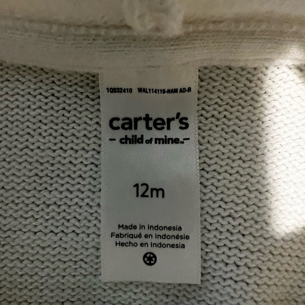 Carter's 12 Months White Hooded Sweater with Ears Baby Sweater Cardigan (0199) - Picture 4 of 6